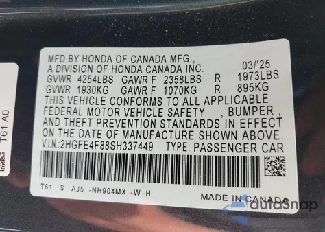 2025 Honda Civic Hybrid Sport/Sport Touring из США, поврежденный, VIN 2HGFE4F88SH337449